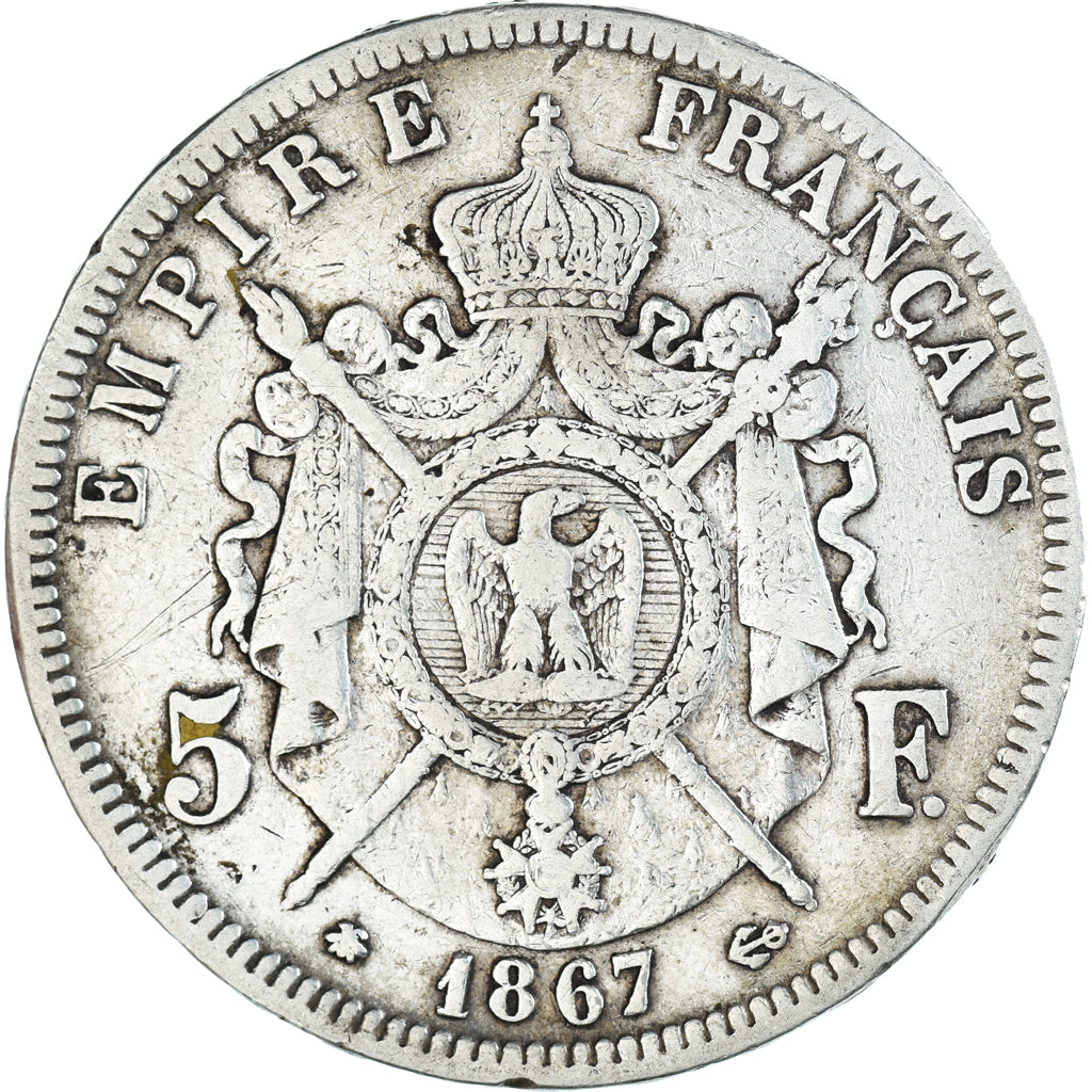 Münze, Frankreich, Napoleon III, 5 Francs, 1867, Paris, S+, Silber, KM:799.1