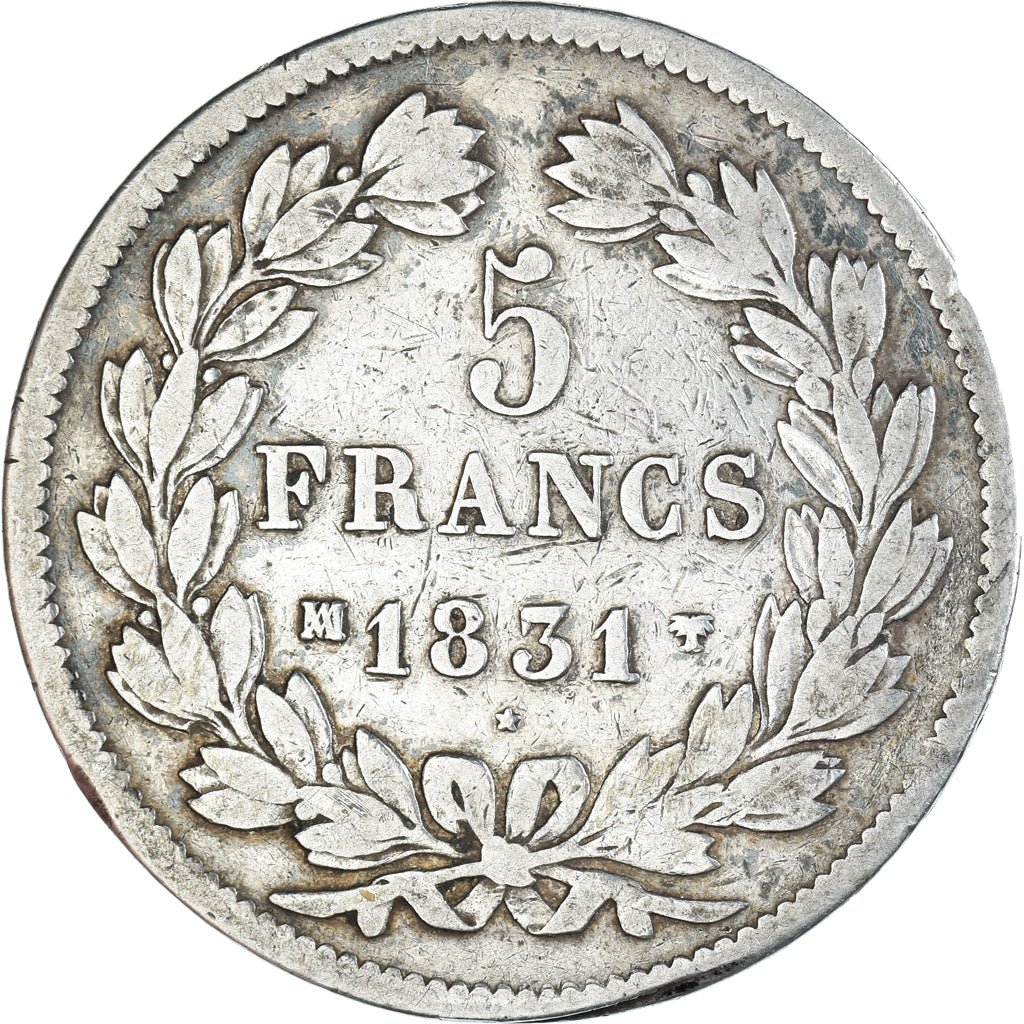 Moeda, França, Louis-Philippe, 5 Francs, 1831, Marseille, VF(30-35), Prata