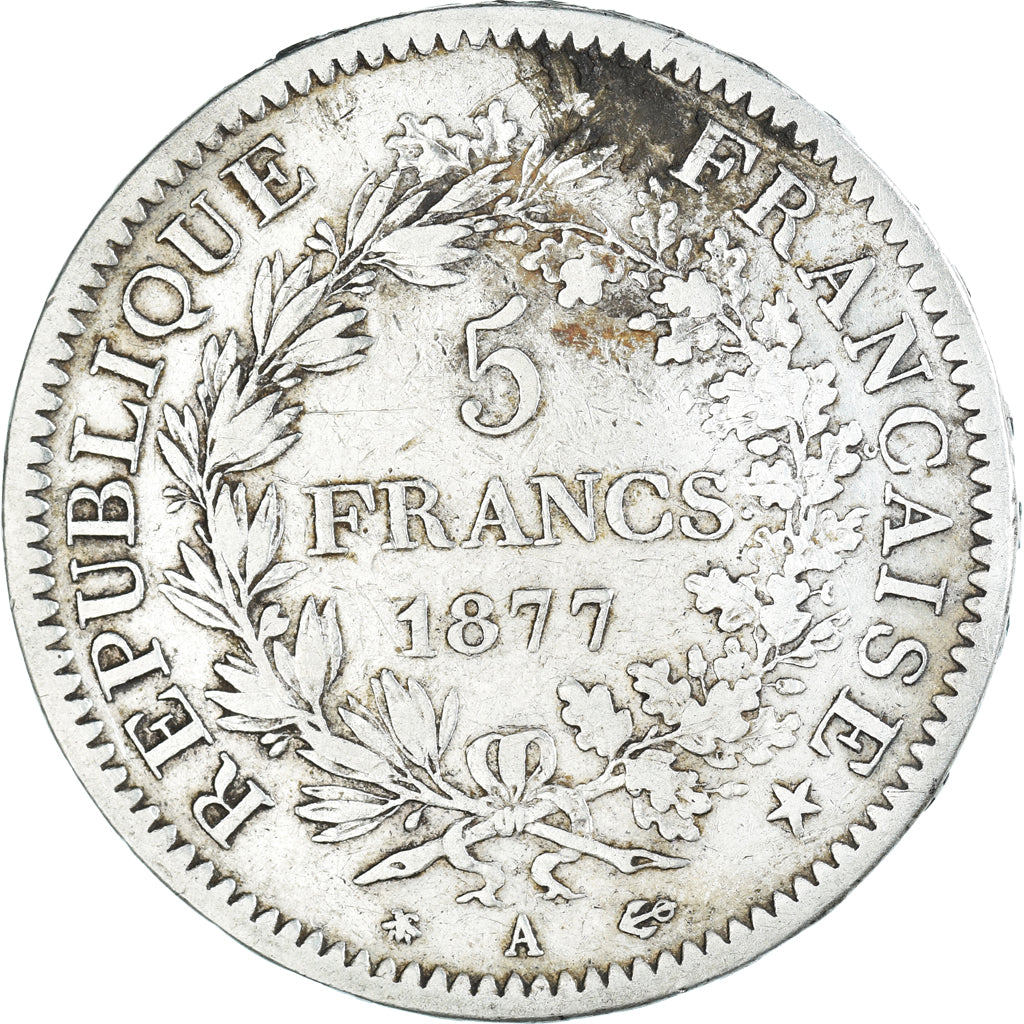 Moeda, França, Hercule, 5 Francs, 1877, Paris, VF(20-25), Prata, KM:820.1