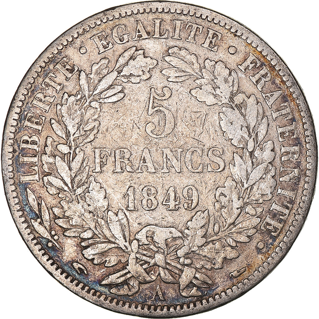 Münze, Frankreich, Cérès, 5 Francs, 1849, Paris, main-chien, S+, Silber