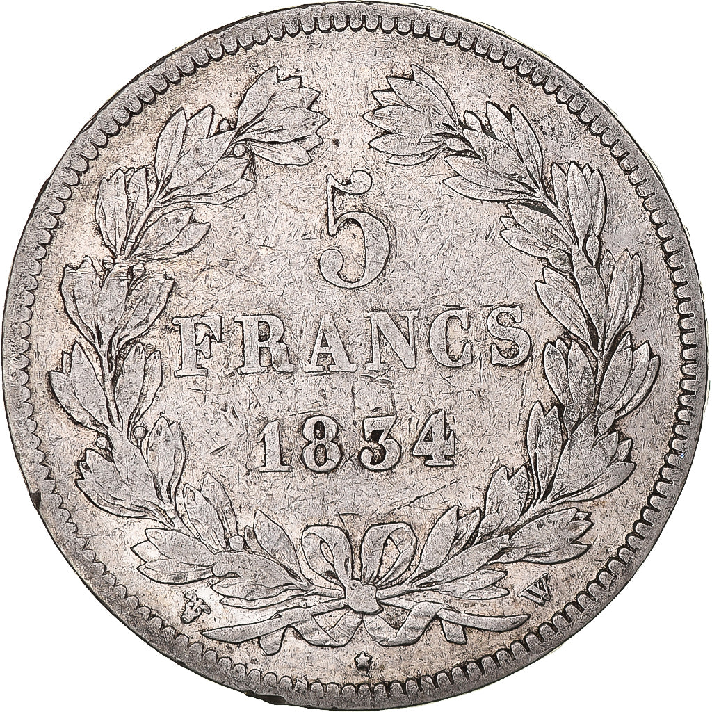 Moeda, França, Louis-Philippe, 5 Francs, 1834, Lille, VF(30-35), Prata