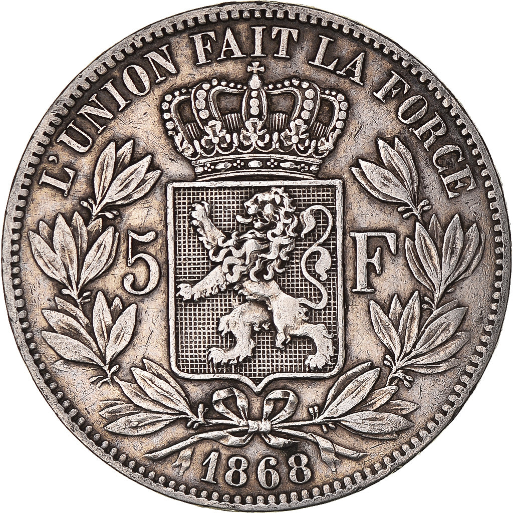 Moeda, Bélgica, Leopold II, 5 Francs, 5 Frank, 1868, AU(50-53), Prata, KM:24