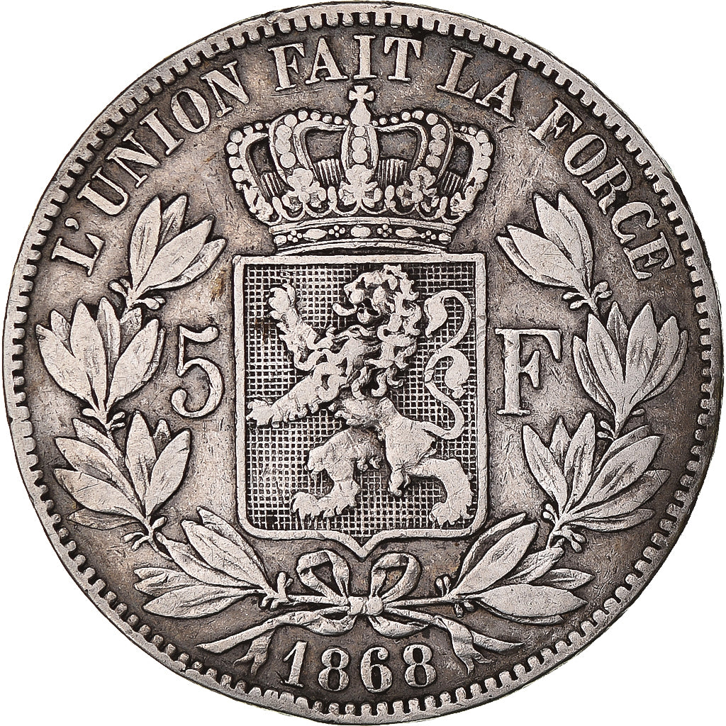 Moneta, Belgia, Leopold II, 5 Francs, 5 Frank, 1868, VF(30-35), Srebro, KM:24