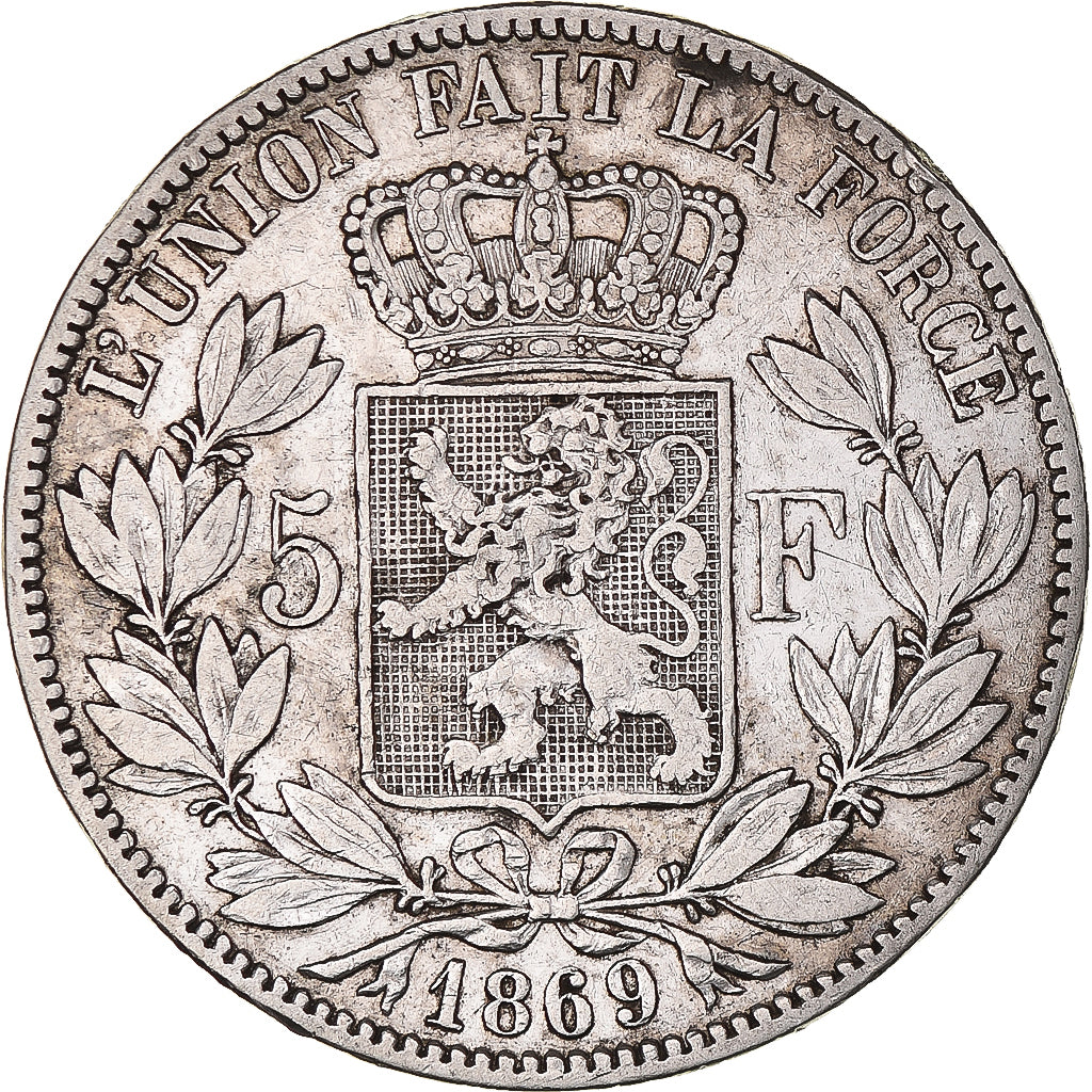 Moneta, Belgia, Leopold II, 5 Francs, 5 Frank, 1869, EF(40-45), Srebro, KM:24
