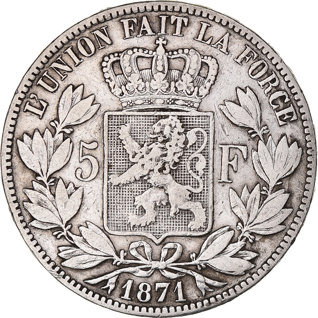 Coin, Belgium, Leopold II, 5 Francs, 5 Frank, 1871, Brussels, VF(20-25), Silver