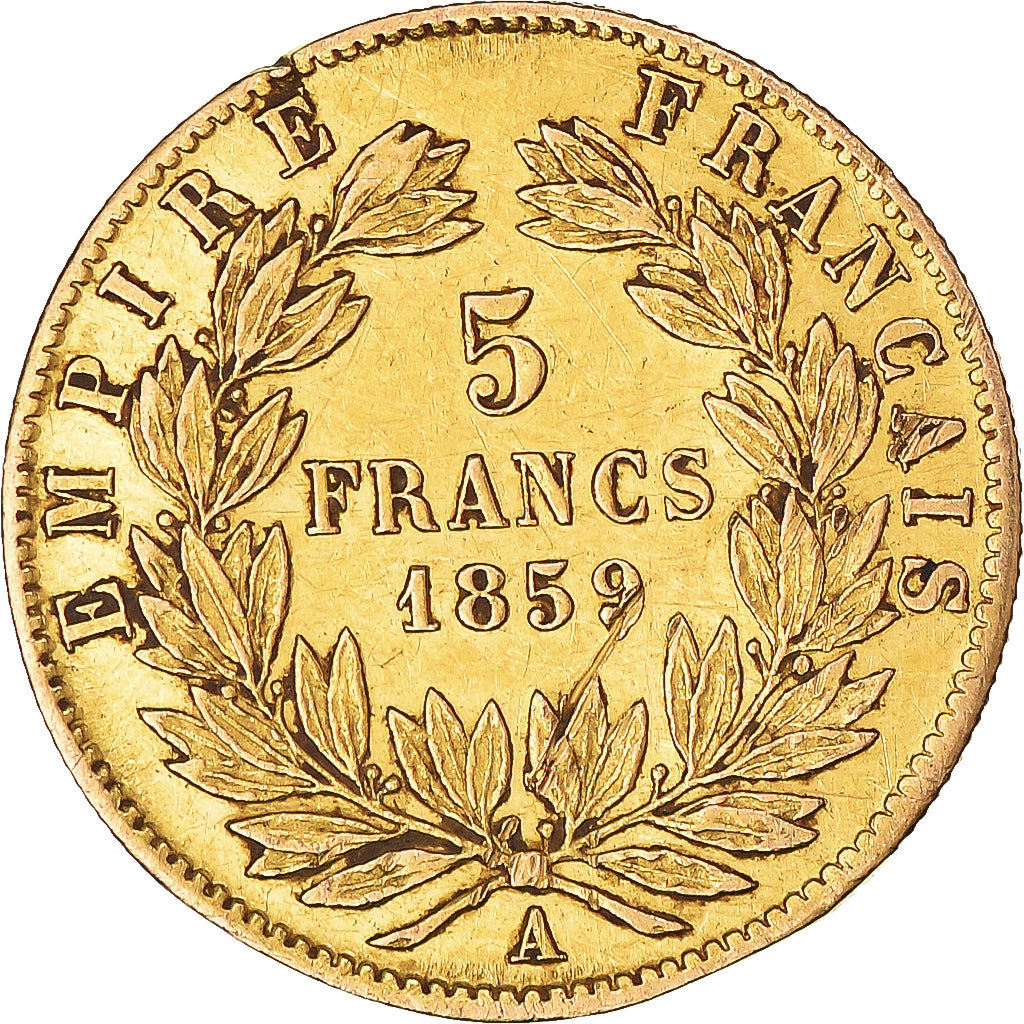 Moneta, Francia, Napoleon III, Napoléon III, 5 Francs, 1859, Paris, BB+, Oro