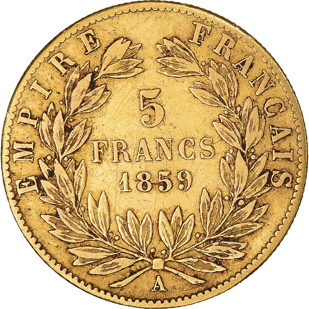 Moneta, Francja, Napoleon III, 5 Francs, 1859, Paris, AU(50-53), Złoto
