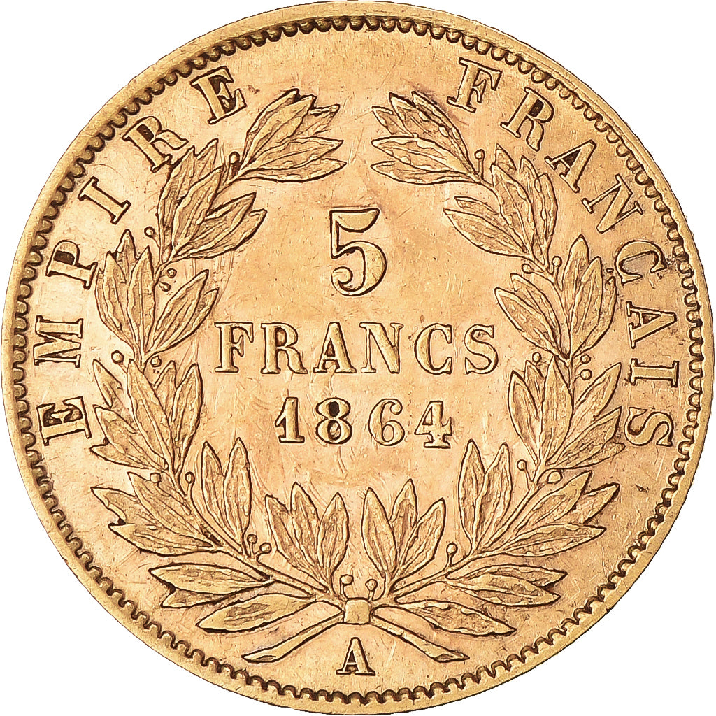 Moeda, França, Napoleon III, 5 Francs, 1864, Paris, AU(50-53), Dourado