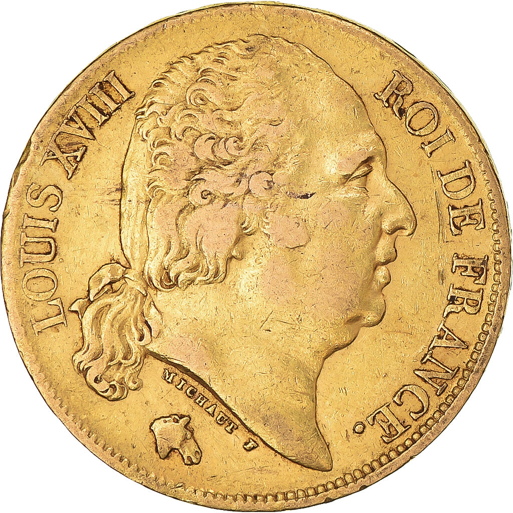 Moneta, Francia, Louis XVIII, 20 Francs, 1824, Paris, BB, Oro, KM:712.1