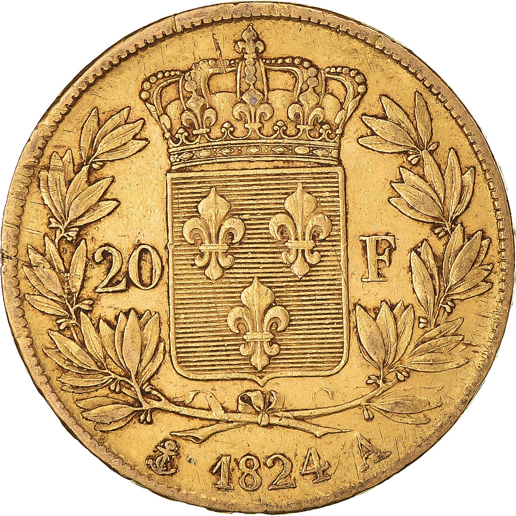 Moneta, Francia, Louis XVIII, 20 Francs, 1824, Paris, BB, Oro, KM:712.1