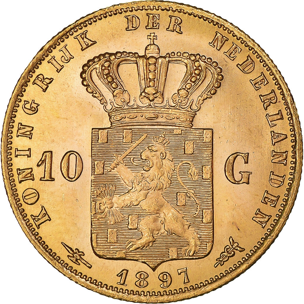 Coin, Netherlands, Wilhelmina I, 10 Gulden, 1897, MS(63), Gold, KM:118