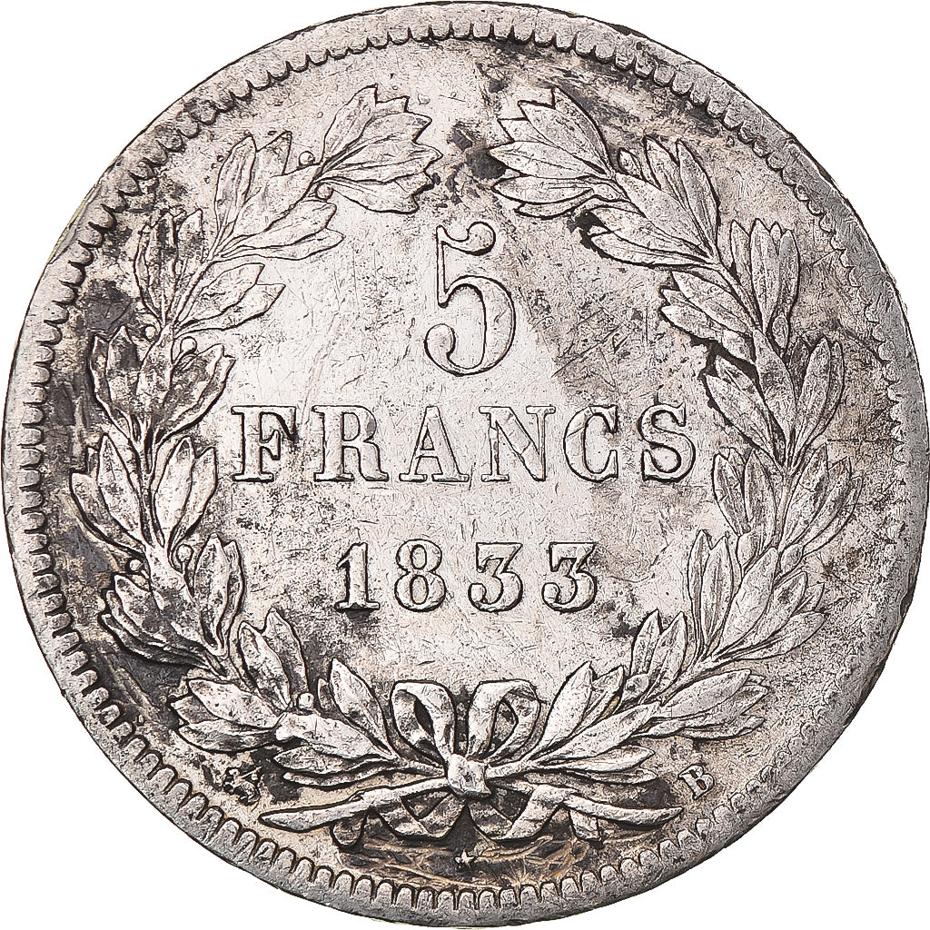Moeda, França, Louis-Philippe, 5 Francs, 1833, Rouen, EF(40-45), Prata
