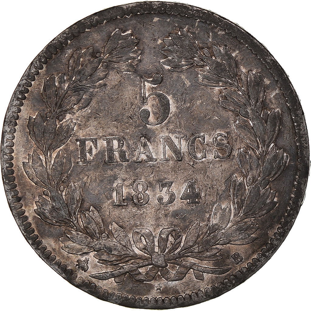 Coin, France, Louis-Philippe, 5 Francs, 1834, Rouen, EF(40-45), Silver