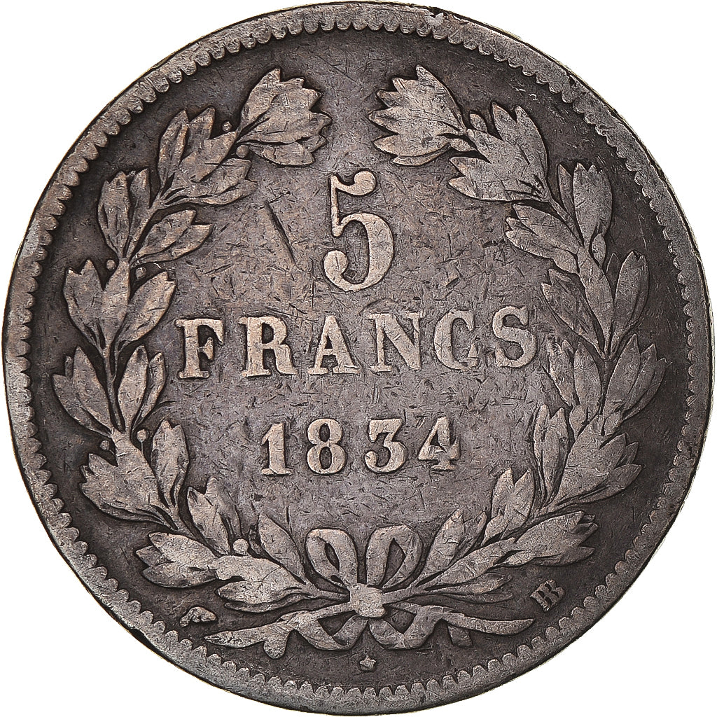 Monnaie, France, Louis-Philippe, 5 Francs, 1834, Strasbourg, TB, Argent
