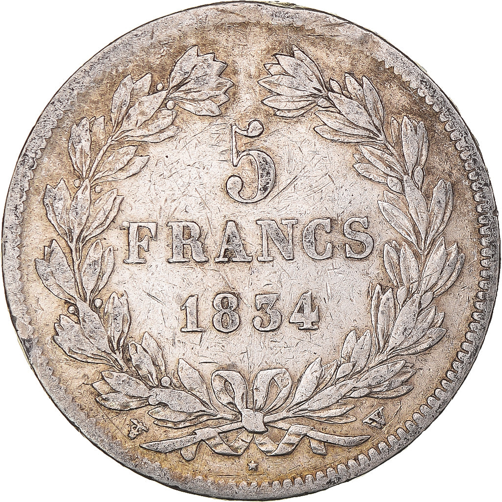 Moeda, França, Louis-Philippe, 5 Francs, 1834, Lille, EF(40-45), Prata
