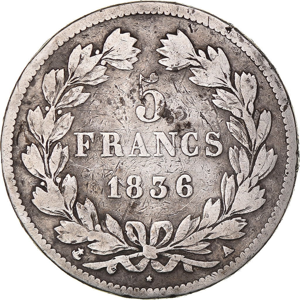 Moeda, França, Louis-Philippe, 5 Francs, 1836, Paris, VF(20-25), Prata