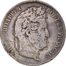 Moeda, França, Louis-Philippe, 5 Francs, 1837, Lille, VF(20-25), Prata