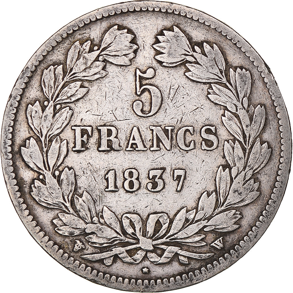 Moeda, França, Louis-Philippe, 5 Francs, 1837, Lille, VF(20-25), Prata