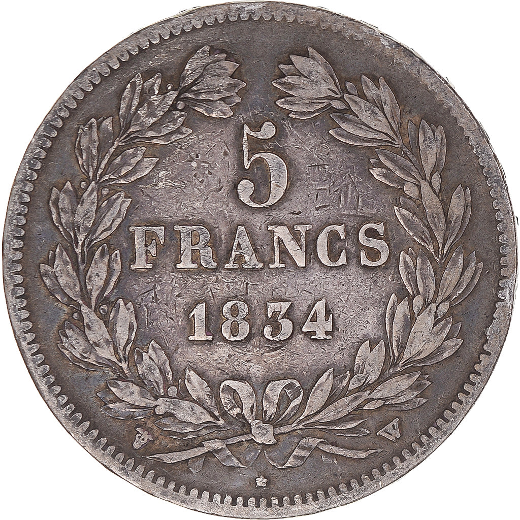 Coin, France, Louis-Philippe, 5 Francs, 1834, Lille, VF(30-35), Silver