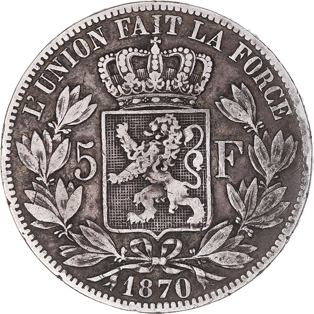 Coin, Belgium, Leopold II, 5 Francs, 5 Frank, 1870, Brussels, VF(20-25), Silver