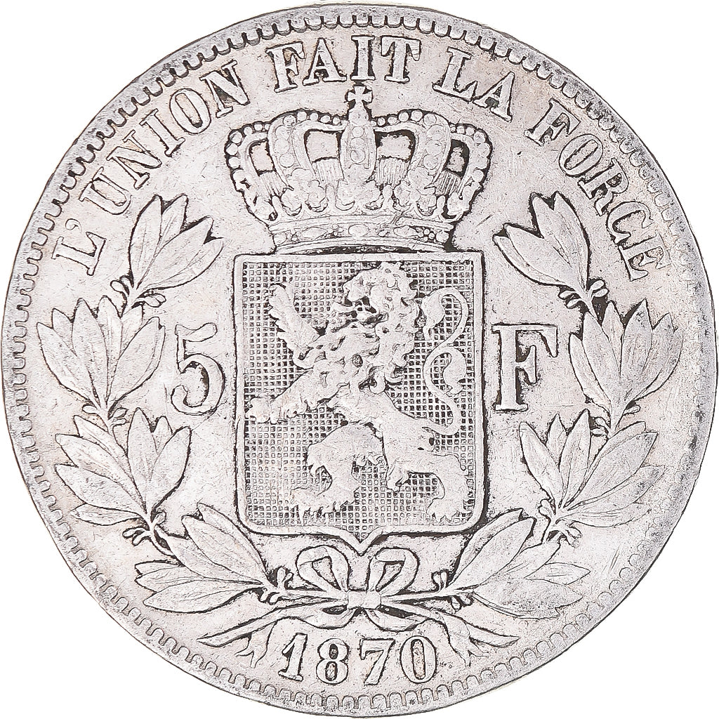 Moneta, Belgio, Leopold II, 5 Francs, 5 Frank, 1870, Brussels, MB, Argento
