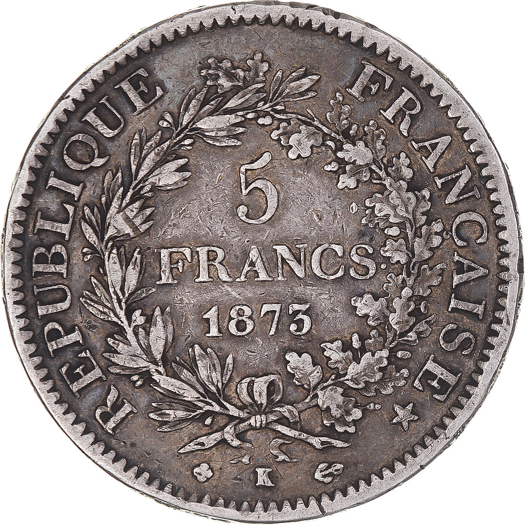 Moneda, Francia, Hercule, 5 Francs, 1873, Bordeaux, BC+, Plata, KM:820.2