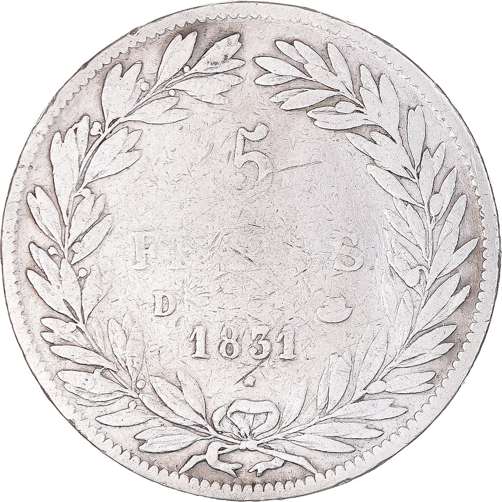 Coin, France, Louis-Philippe, 5 Francs, 1831, Lyon, VF(20-25), Silver, KM:735.4