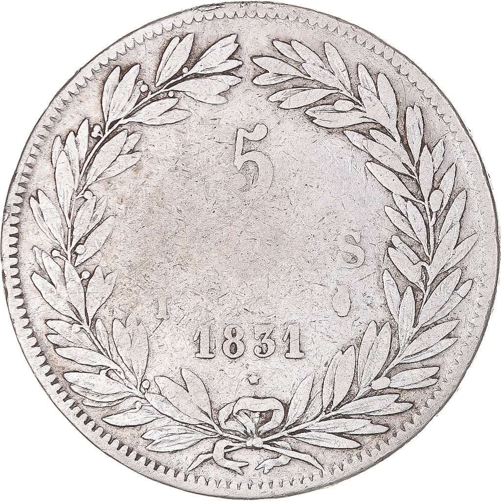 Moeda, França, Louis-Philippe, 5 Francs, 1831, Limoges, VF(20-25), Prata