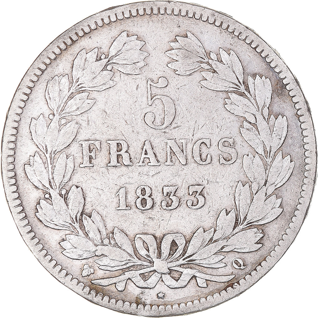 Moneta, Francia, Louis-Philippe, 5 Francs, 1833, Perpignan, MB+, Argento