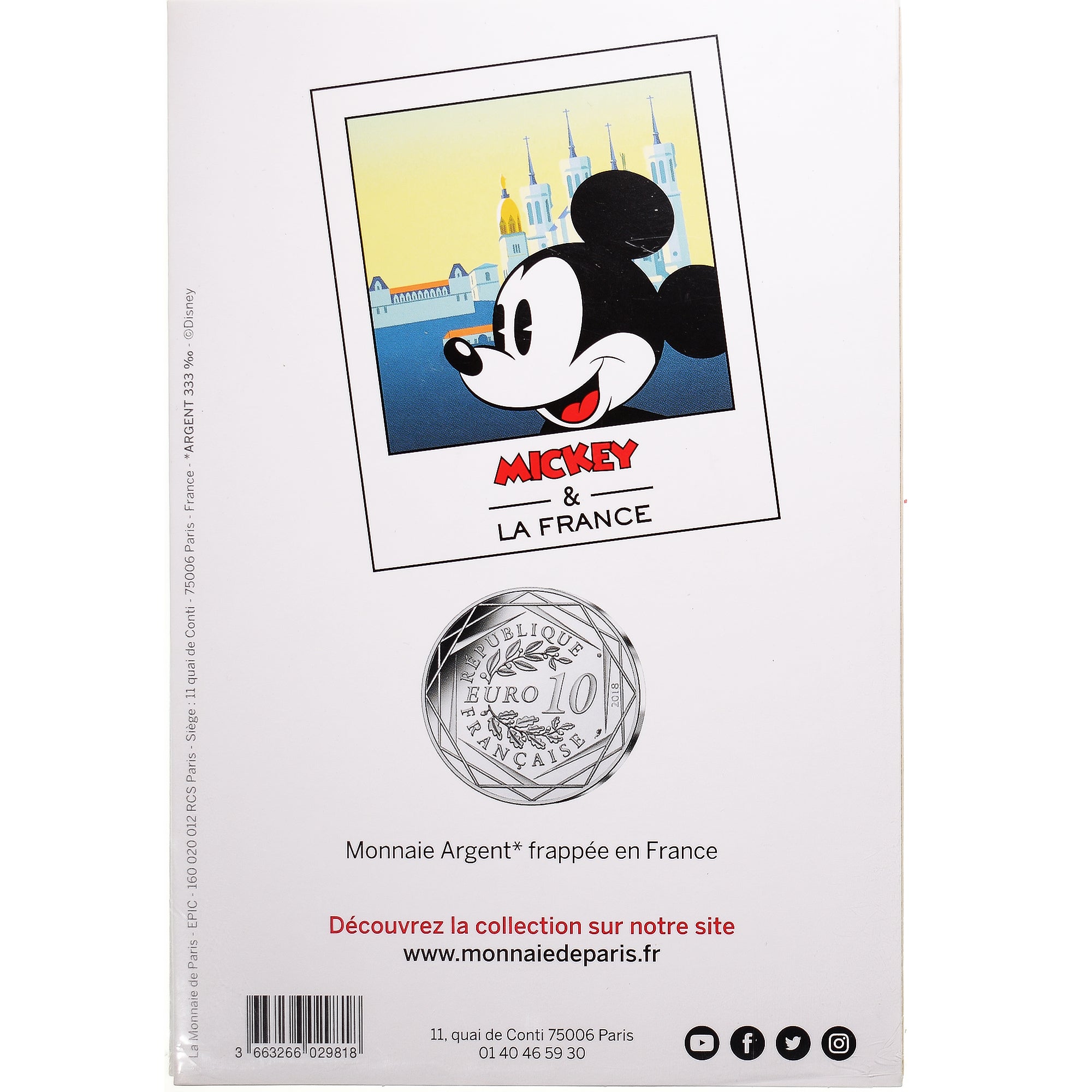 Francia, Monnaie de Paris, 10 Euro, Mickey (Lyon), 2018, Paris, FDC, Argento