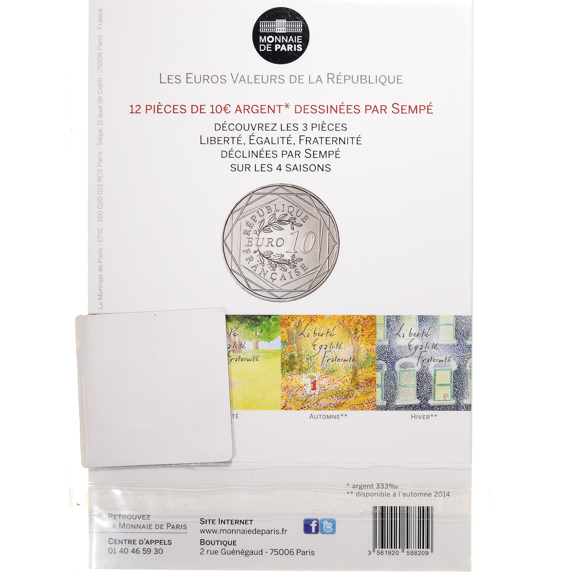 France, 10 Euro, 2014, Monnaie de Paris, Fraternité Automne Sempé, MS(65-70)