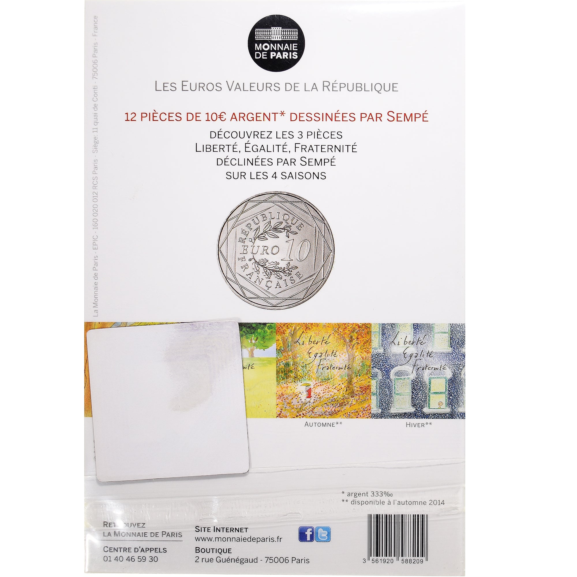 Francia, Monnaie de Paris, 10 Euro, Fraternité Hiver Sempé, 2014, Paris, FDC