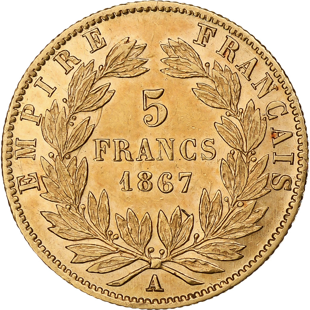 Moneta, Francia, Napoleon III, 5 Francs, 1867, Paris, BB+, Oro, KM:803.1