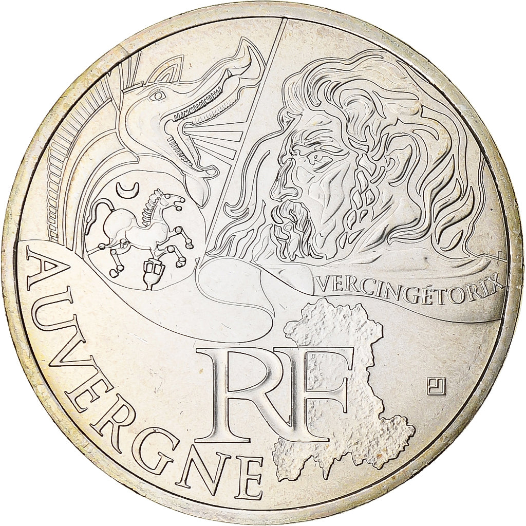 França, 10 Euro, Auvergne, 2012, Paris, MS(65-70), Prata, KM:1864