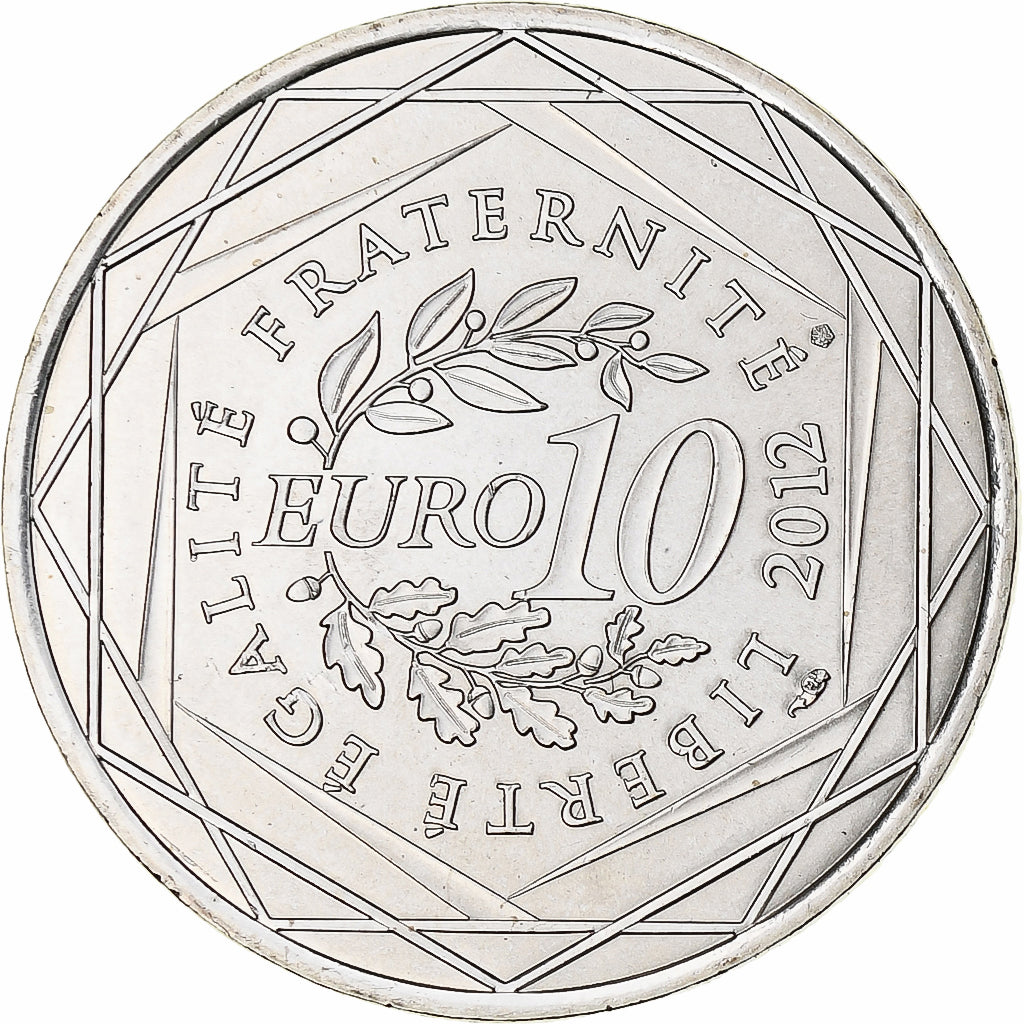 França, 10 Euro, Auvergne, 2012, Paris, MS(65-70), Prata, KM:1864