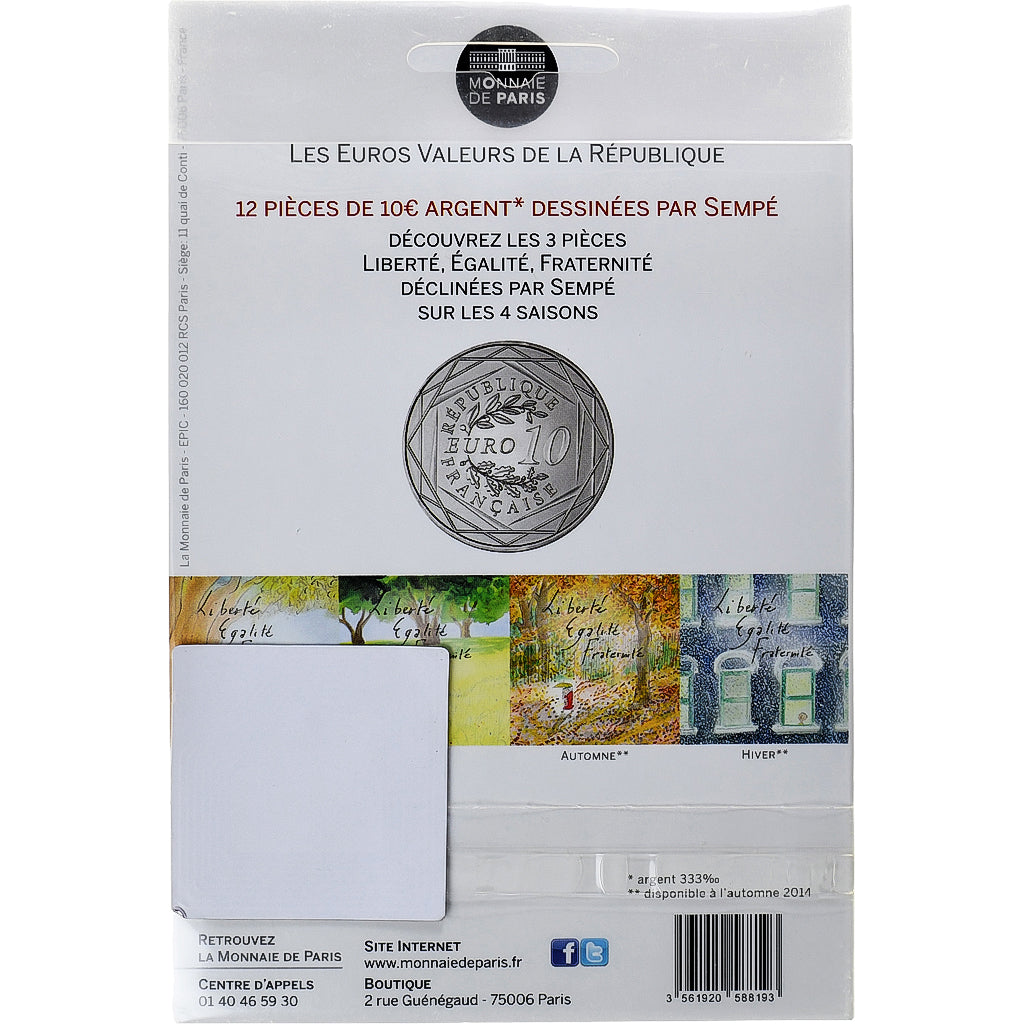 France, Sempé - Liberté, 10 Euro, 2014, MS(65-70), Silver