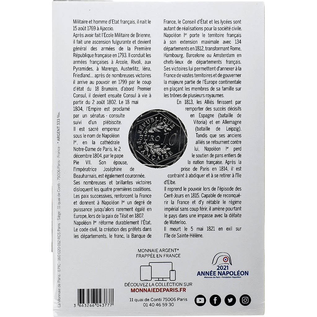 Frankreich, 10 Euro, 200 Ans de la Mort de Napoléon, 2021, Monnaie de Paris
