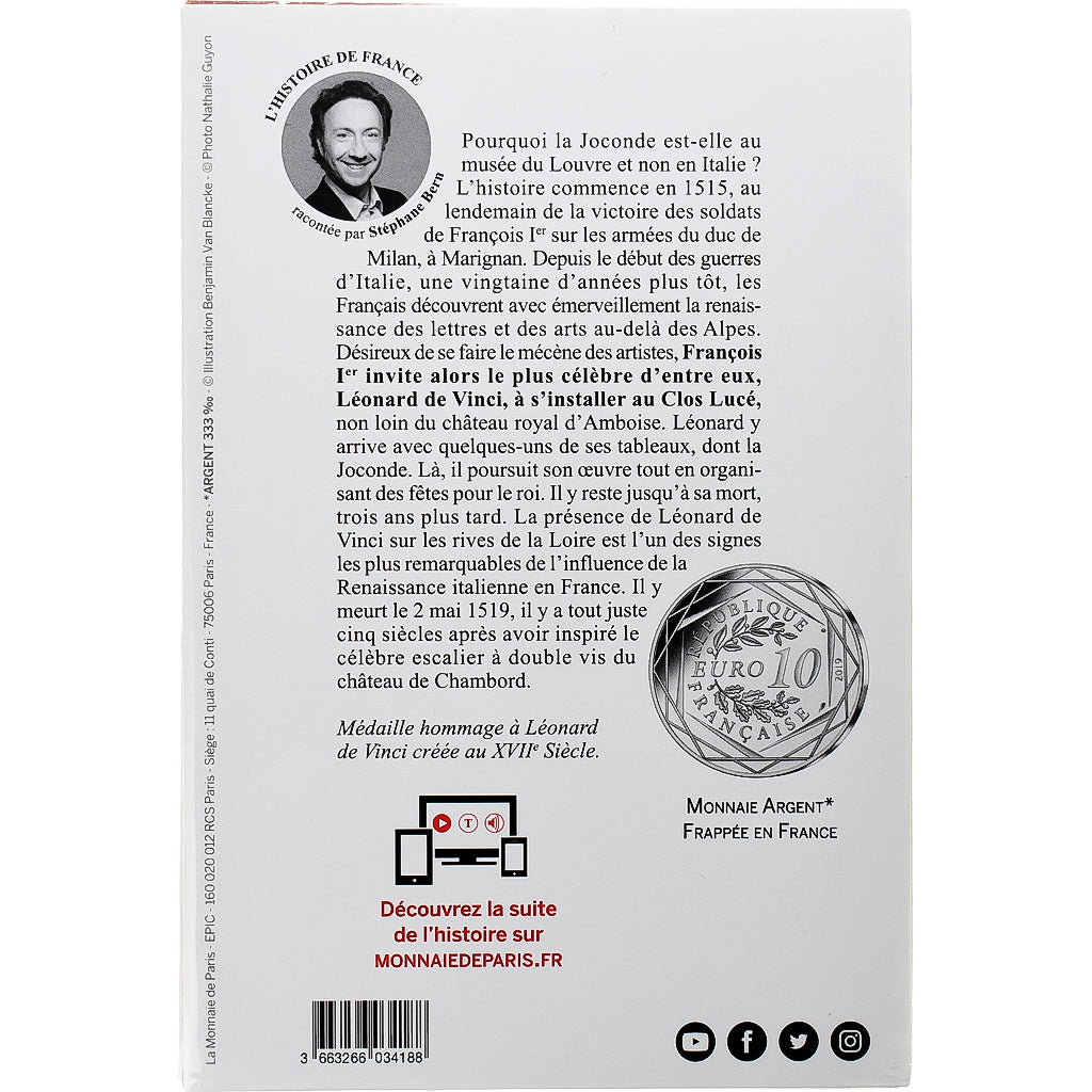 France, 10 Euro, Pièces d'Histoire, 2019, Léonard de Vinci, MS(65-70), Silver