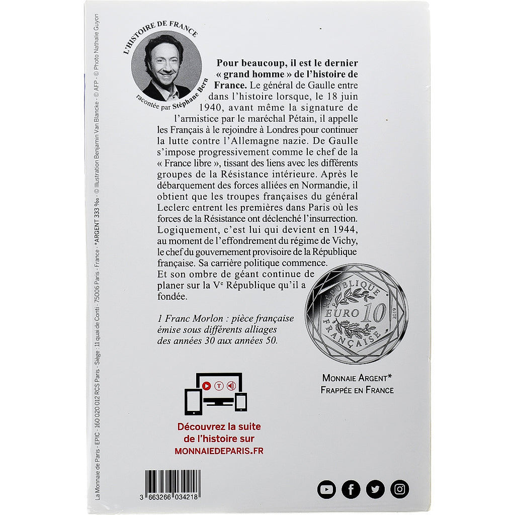 France, 10 Euro, Pièces d'Histoire, 2019, Charles de Gaulle, FDC, Argent