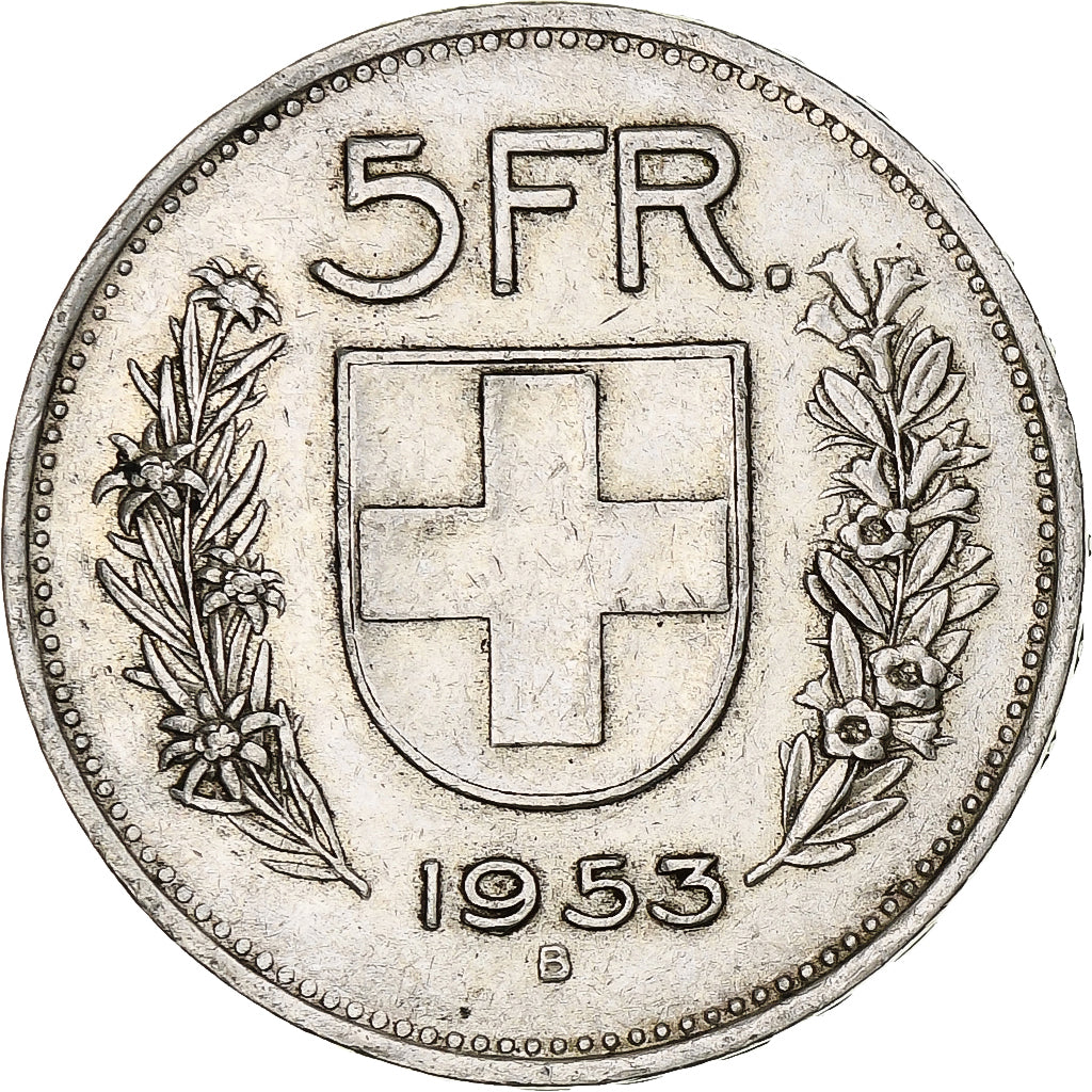 Moneta, Szwajcaria, 5 Francs, 1953, Bern, AU(50-53), Srebro, KM:40