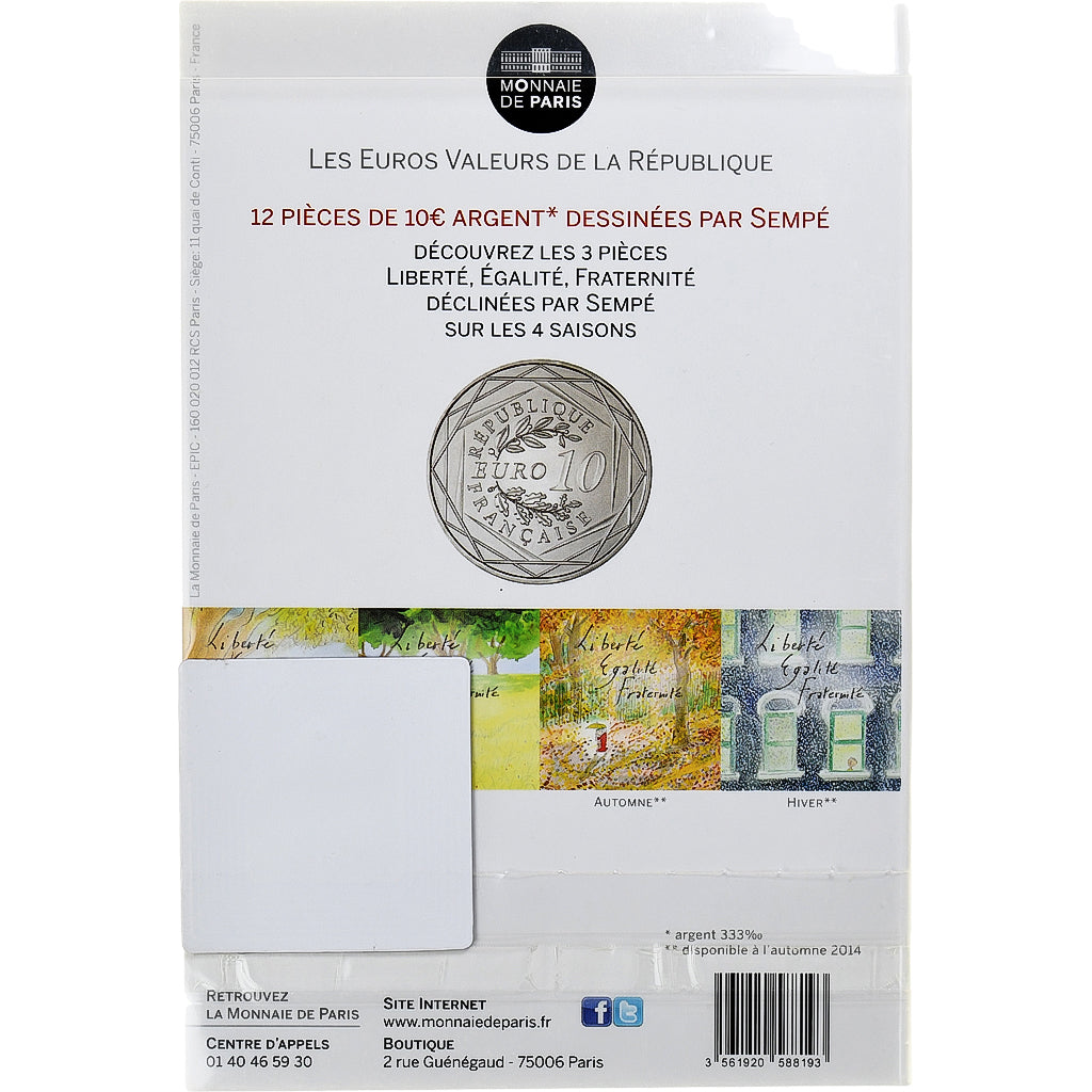 France, 10 Euro, Egalité, 2014, Sempé Égalité Printemps, MS(65-70), Silver