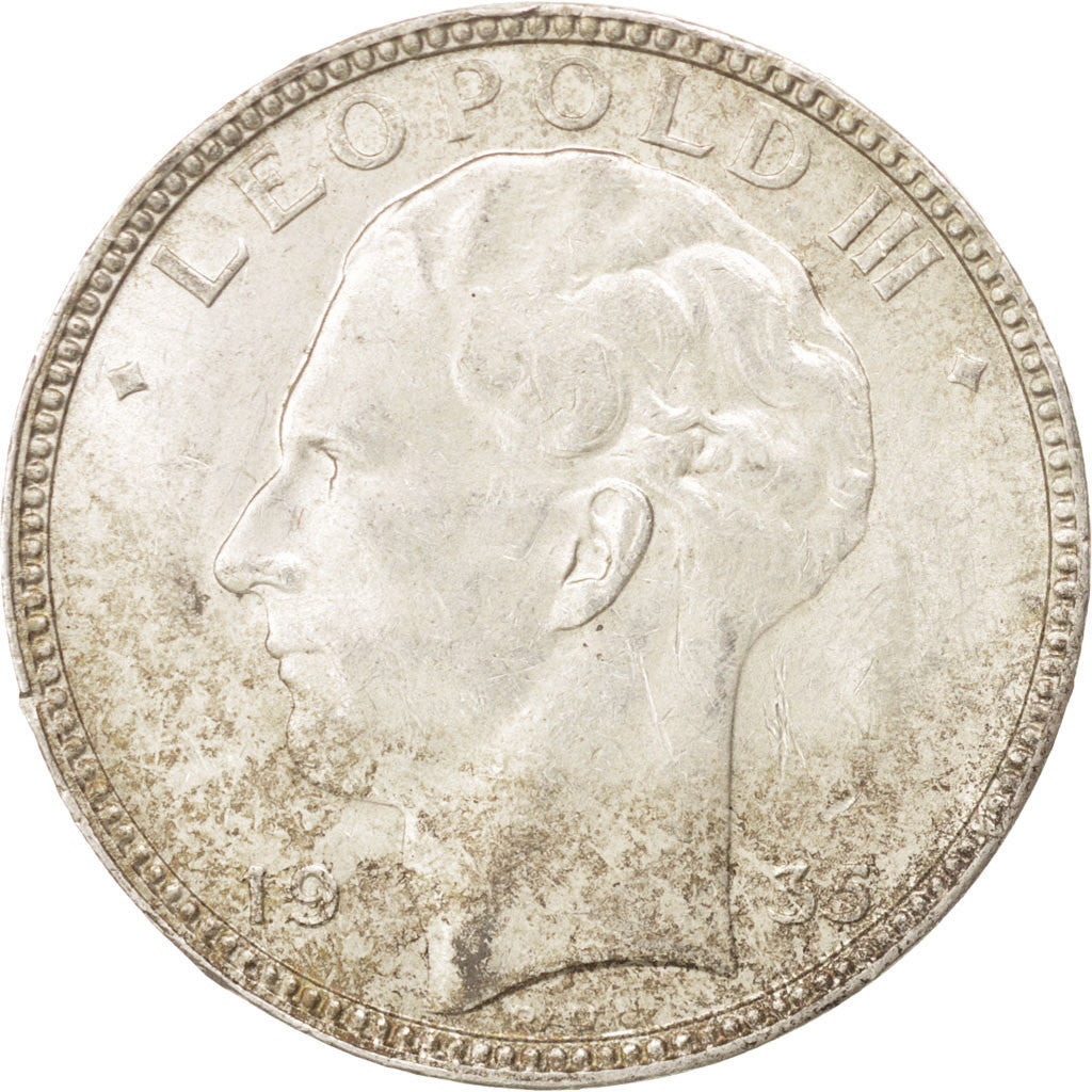 BELGIUM, 20 Francs, 20 Frank, 1935, KM #105, AU(50-53), Silver, 10.92