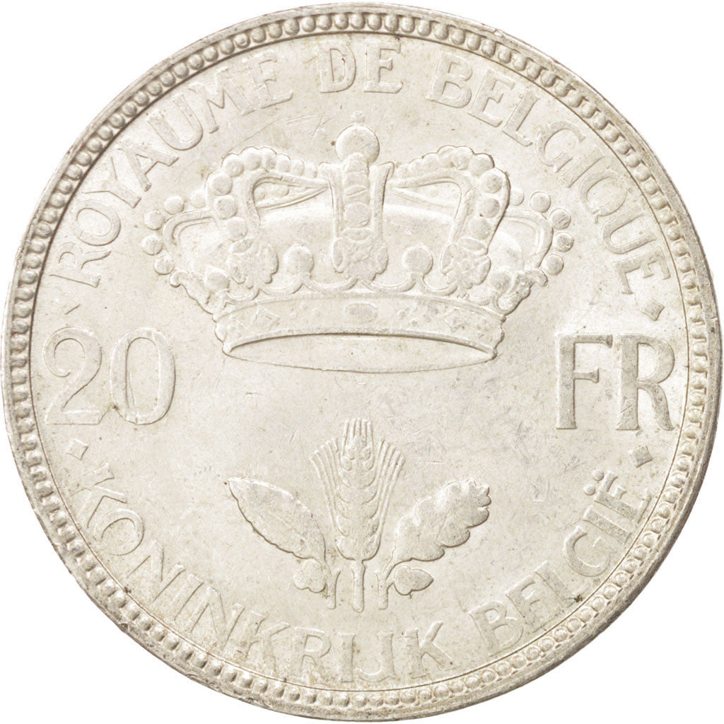 BELGIUM, 20 Francs, 20 Frank, 1935, KM #105, AU(50-53), Silver, 10.92