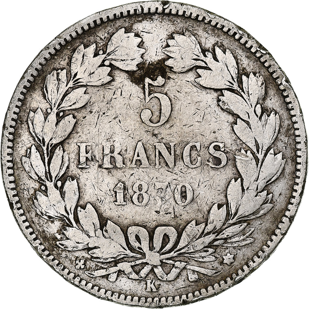 Moneta, Francia, Cérès, 5 Francs, 1870, Bordeaux, MB, Argento, KM:818.2