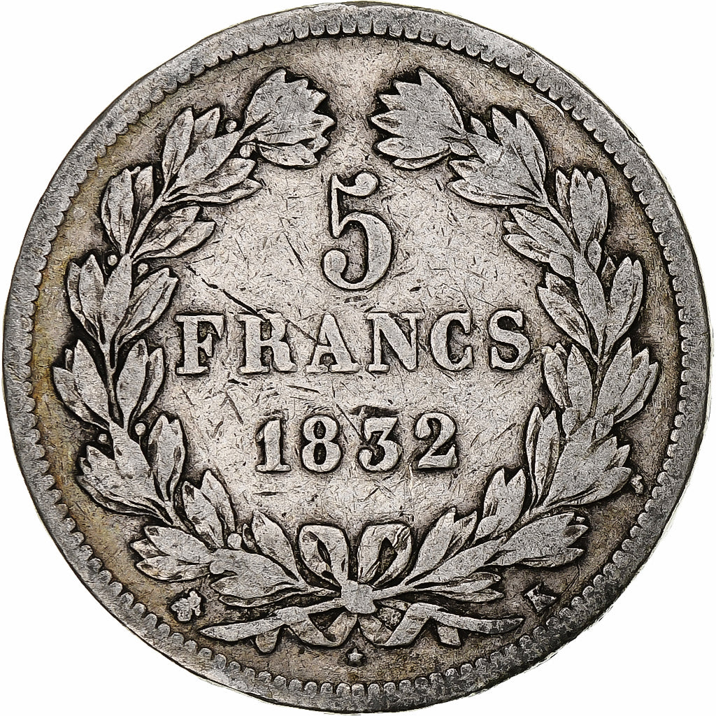 Moneta, Francia, Louis-Philippe, 5 Francs, 1832, Bordeaux, MB, Argento