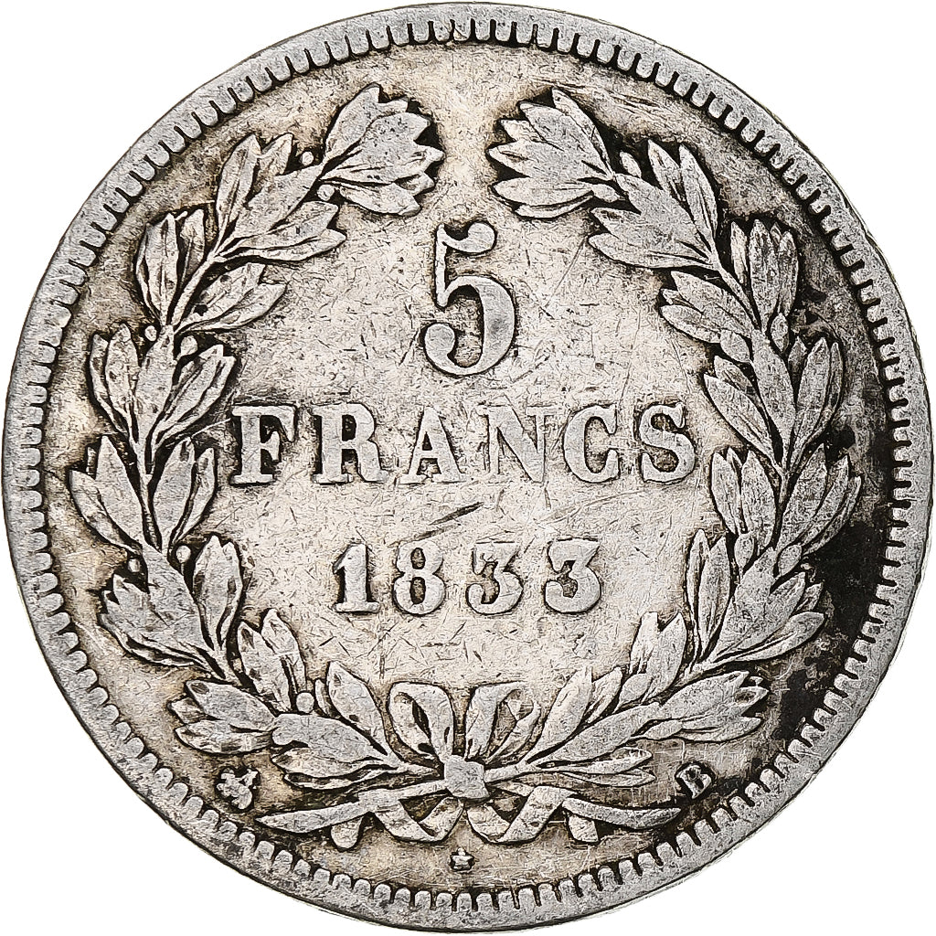 Moneta, Francia, Louis-Philippe, 5 Francs, 1833, Rouen, MB+, Argento, KM:749.2