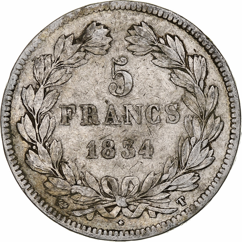 Moneta, Francia, Louis-Philippe, 5 Francs, 1834, Nantes, MB, Argento, KM:749.12