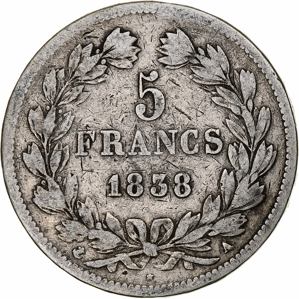 Moneta, Francia, Louis-Philippe, 5 Francs, 1838, Paris, MB, Argento, KM:749.1