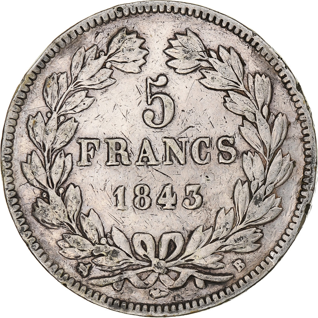 Moneta, Francia, Louis-Philippe, 5 Francs, 1843, Rouen, BB, Argento, KM:749.2