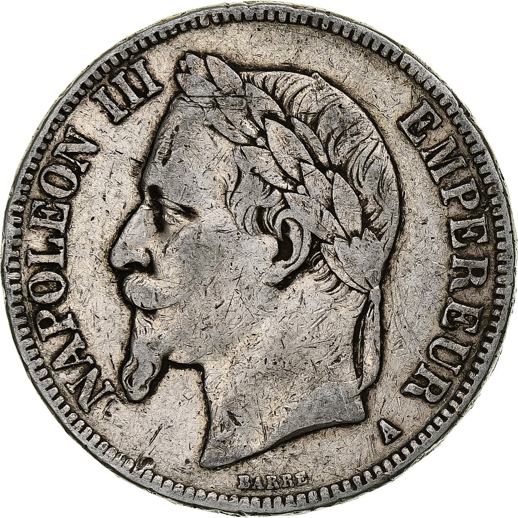 Moneda, Francia, Napoleon III, 5 Francs, 1867, Paris, BC+, Plata, KM:799.1